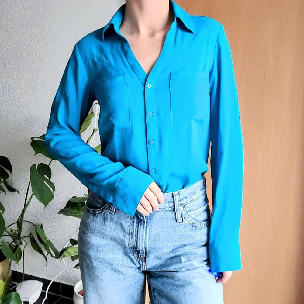 Express The Portofino Shirt Slim Fit Button Down Long Sleeve Top Cobalt Blue XS - Picture 5 of 10